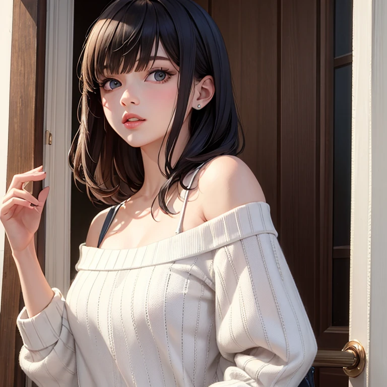 ((best quality)), ((masterpiece)), (detailed), 1girl, off-shoulder sweater,
