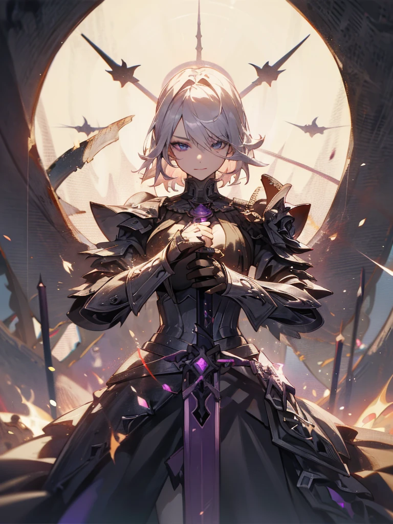 1mature woman, big breasts, (((masterpiece))), (((best quality, best resolution, 8k))), faint evil smile, short silver hair, dark aura around the body, perfect body, weapon, unsheathed sword in left hand, beautiful face , perfect face, perfect body, purple light reflection, light bias, purple-red gradation, eerie atmosphere, black flames, detailed eyes ((perfect eyes)), black armor dress, best anatomy