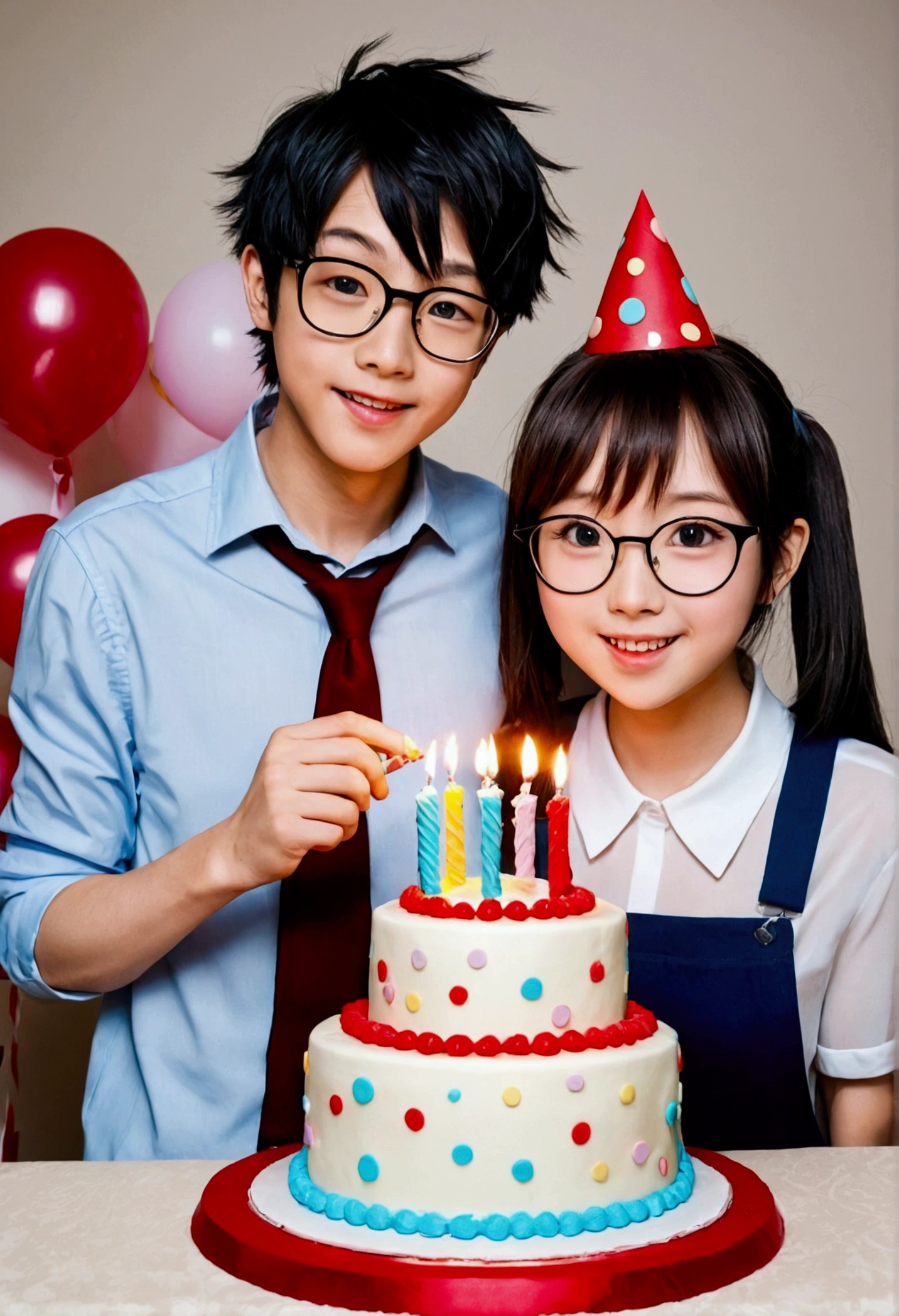 anime, birthday cake, suprise, couple where girl wearing glasses and short, boy taller, happy, love 