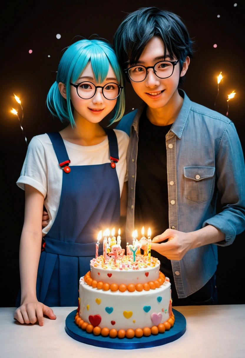 anime, birthday cake, suprise, couple where girl wearing glasses and short, boy taller, happy, love