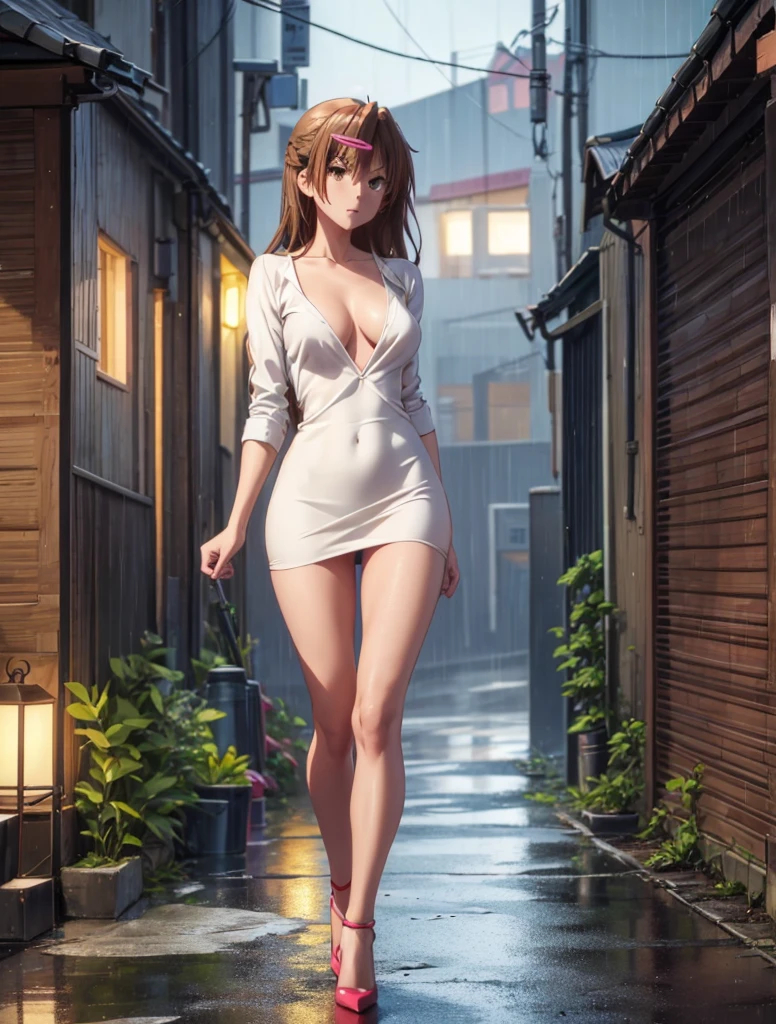 Girl, slim tight dress, navel shown, street background, long torso, small ass, slim body, openlegs, in Stiletto Shoes, night, Narrow alley between houses, night, rain, You can see the ass, openlegs, open ass