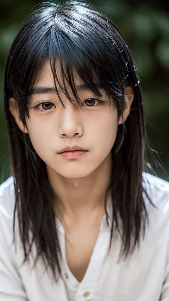Dark-haired Korean boy with black hair with white streaks in front, with red eyes and tender and closed expression,