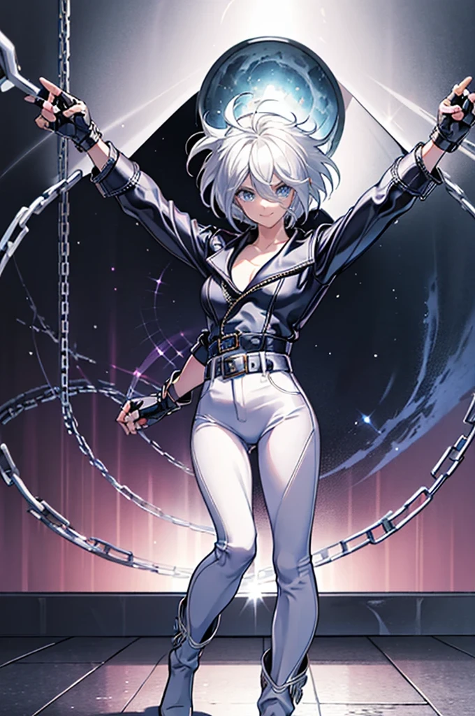 (masterpiece), best quality, silver eyes, perfect face, highres, 1girl, solo, angelms, white hair, white jacket, jeans, fingerless gloves, atacking pose, dancing around chains, evil smile, long boots, fanstasy background, cowboy shot, fullbody shot, looking at the viewer, from front, holding chains, long chain whip