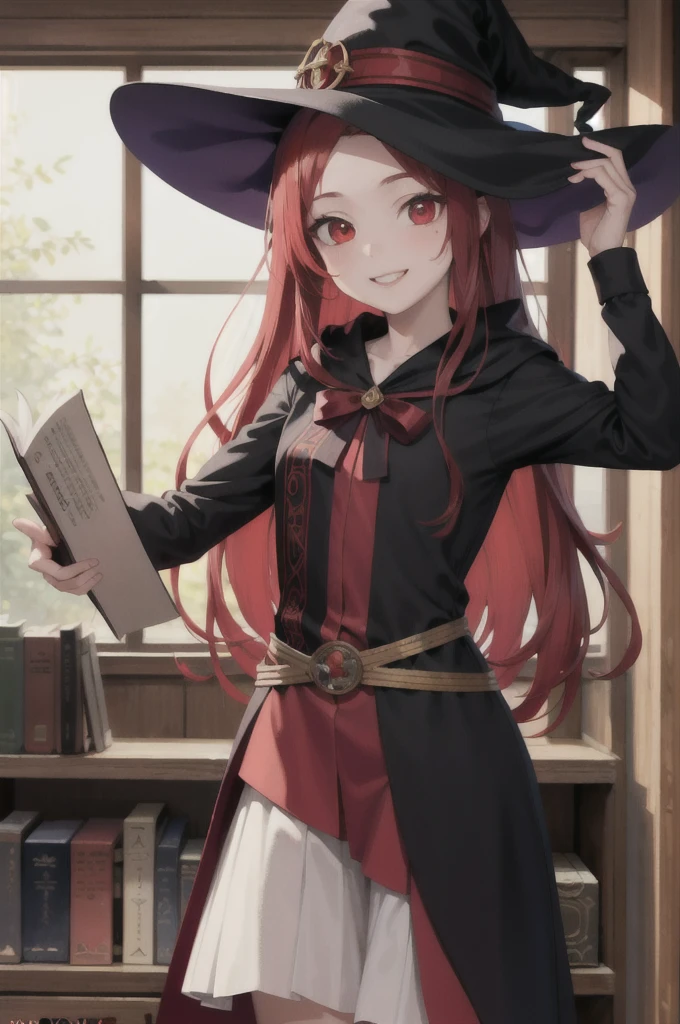 masterpiece, Highest quality, One girl, Face Focus, witch, witch attire, Long Red Hair, Red eyes, Bookshelf, room, smile, Around , 