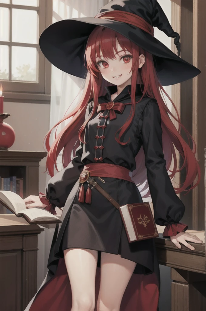 masterpiece, Highest quality, One girl, Face Focus, witch, witch attire, Long Red Hair, Red eyes, Bookshelf, room, smile, Around ,