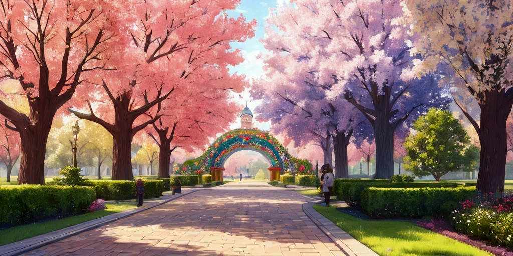 ((best quality)), ((masterpiece)), (detailed), (Masterpiece, colorful, 4K) create a park with lots of trees and colorful flowers.