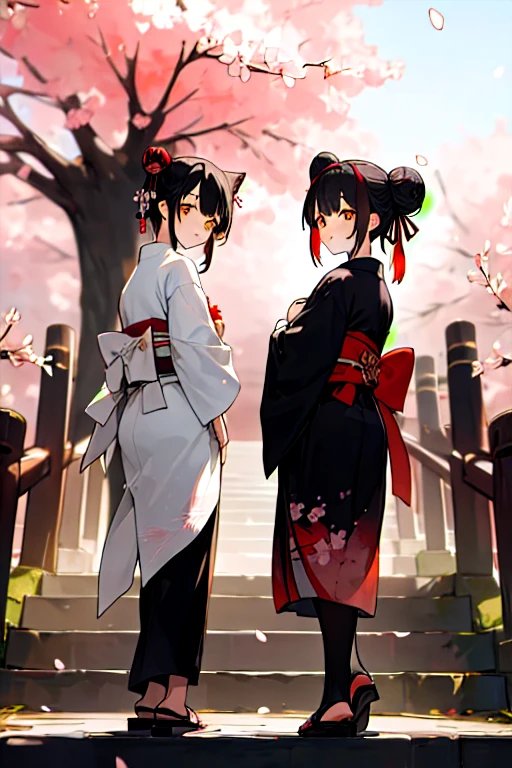 ((masterpiece,best quality)),2girls, black kimono, black legwear, black ribbon, black hair, cherry blossoms, day, flower, hair bun, hair ribbon, japanese clothes, kimono, long hair, looking at viewer, looking back, multiple girls, obi, outdoors, red eyes, red hair, ribbon, sandals, single hair bun, stairs, standing, statue, torii, tree, white kimono, yellow eyes