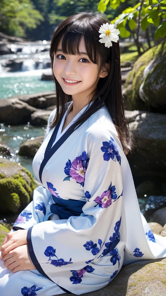 A very large waterfall、In front of Kegon Falls in Oku-Nikko、Watching the waterfall、Admire the waterfall、Overtaking High Resolution、Her breasts overflow from the collar of her kimono.、(Real: 1.4)、Raw photo、Highest quality、(Photorealistic)、concentrated、Soft Light、((12 years old))、((Japanese))、(front、Young Face)))、(Depth of Limit）、（one piece）、masterpiece、（Photoreal）、woman、bangs、1 beautiful Japanese model、12 years oldwomanモデル、4K、high resolution、bangs、Black Hair、kimono、white and blueflower Long-sleeved kimono、Japanese style floral pattern:1.5、A cute face like an idol:1.4、Slim and beautiful body、Beautiful breasts、Laughter、Esbian all over body:1.2、Enhanced Dynamic Perspective、Cute cute beautiful girl、Beautiful Skin、look at me and smile、Simple Background、Masterpieces、high resolution、4K resolution、Overtaking