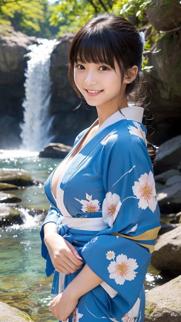 A very large waterfall、In front of Kegon Falls in Oku-Nikko、Watching the waterfall、Admire the waterfall、Overtaking High Resolution、Her breasts overflow from the collar of her kimono.、(Real: 1.4)、Raw photo、Highest quality、(Photorealistic)、concentrated、Soft Light、(())、((Japanese))、(front、Young Face)))、(Depth of Limit）、（one piece）、masterpiece、（Photoreal）、woman、bangs、1 beautiful Japanese model、12 years old、4K、high resolution、bangs、Black Hair、kimono、white and blueflower Long-sleeved kimono、Japanese style floral pattern:1.5、A cute face like an idol:1.4、Slim and beautiful body、Beautiful breasts、Laughter、Esbian all over body:1.2、Enhanced Dynamic Perspective、Cute cute beautiful girl、Beautiful Skin、look at me and smile、Simple Background、Masterpieces、high resolution、4K resolution、Overtaking