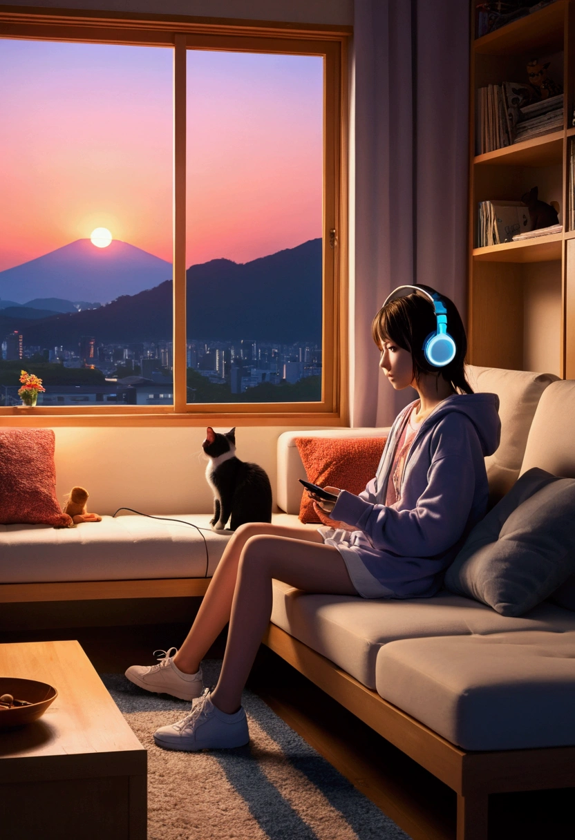 A girl sitting on a sofa in a room at dusk and listening to music with headphones。profile。There is a cute cat nearby。It&#39;s dusk outside。Japanese anime style