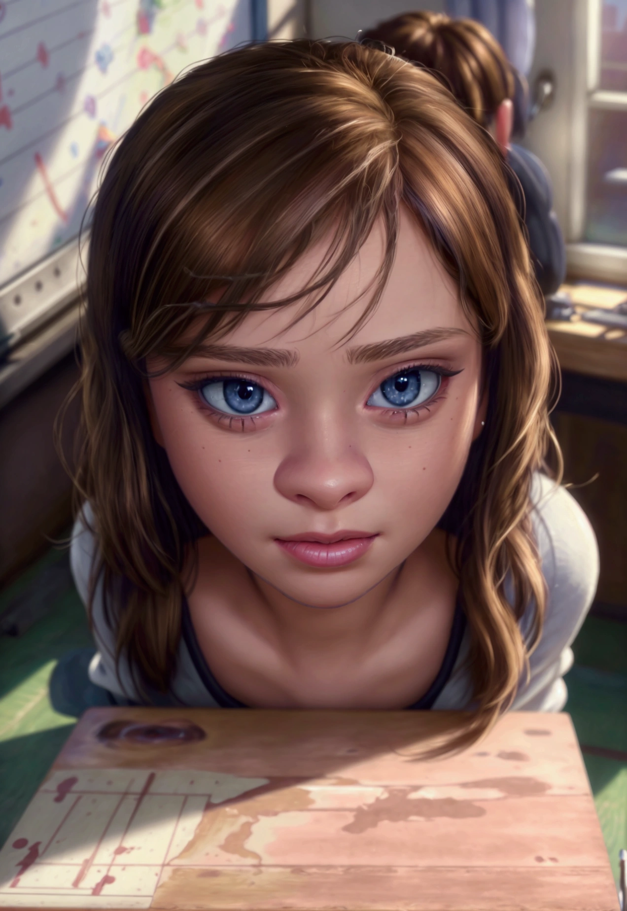 in a classroom intimately with his teacher, beautiful detailed eyes, beautiful detailed lips, extremely detailed eyes and face, long eyelashes, , classroom interior, desks, board, natural lighting, Soft colors, photorealist, cinematic lighting, Very detailed, masterpiece, (Best Quality,4k,8k,High resolution,masterpiece:1.2),ultra detailed,(realist,photorealist,photo-realist:1.37)