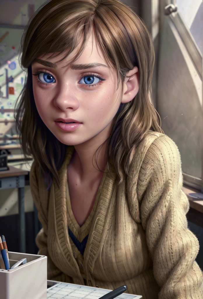 in a classroom intimately with his teacher, beautiful detailed eyes, beautiful detailed lips, extremely detailed eyes and face, long eyelashes, , classroom interior, desks, board, natural lighting, Soft colors, photorealist, cinematic lighting, Very detailed, masterpiece, (Best Quality,4k,8k,High resolution,masterpiece:1.2),ultra detailed,(realist,photorealist,photo-realist:1.37)