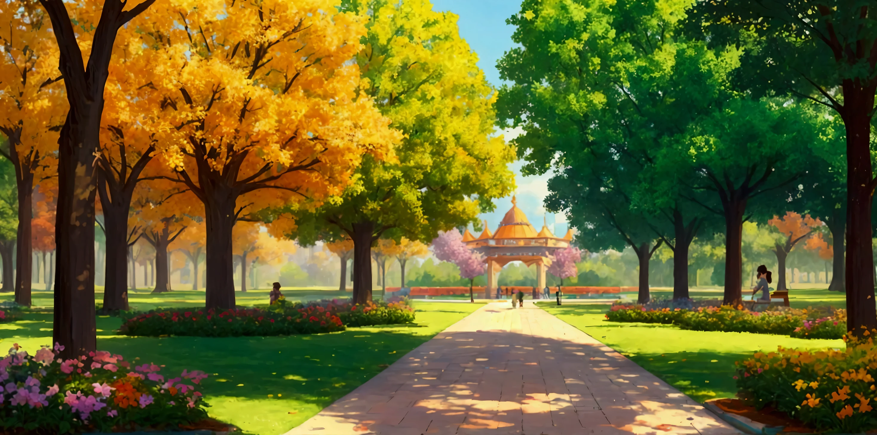 ((best quality)), ((masterpiece)), (detailed), (Masterpiece, colorful, 4K) create a park with lots of trees and colorful flowers.