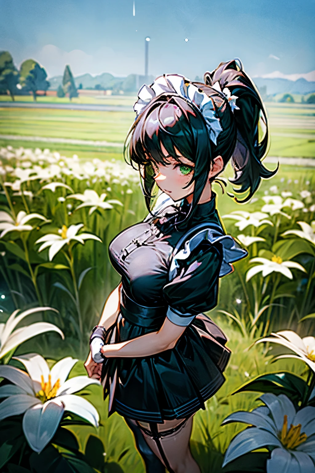 "anime girl, 1 person, black hair, short ponytail, sparkly green eyes, maid, maid, big breasts, solo, front view, Short/Medium Skirt, Chest Covered, White Flower Field, Facing Camera, Front View, Front View, Daylight, Blue Sky, Garter Belt, Front View, Front View, Front View, Black Stockings, Arm Bands, Leg Bands, Medium Skirt, Top View, Top View"