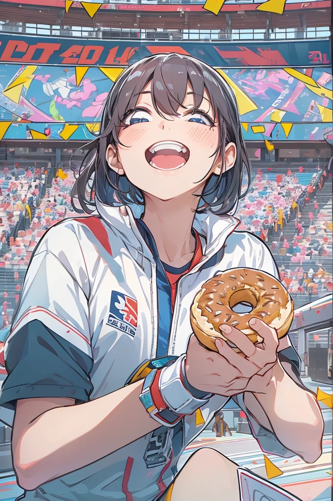 Anime Style、Olympic、Bread eating contest、donut、Biting the medal、Laugh with your teeth showing、full stadium、