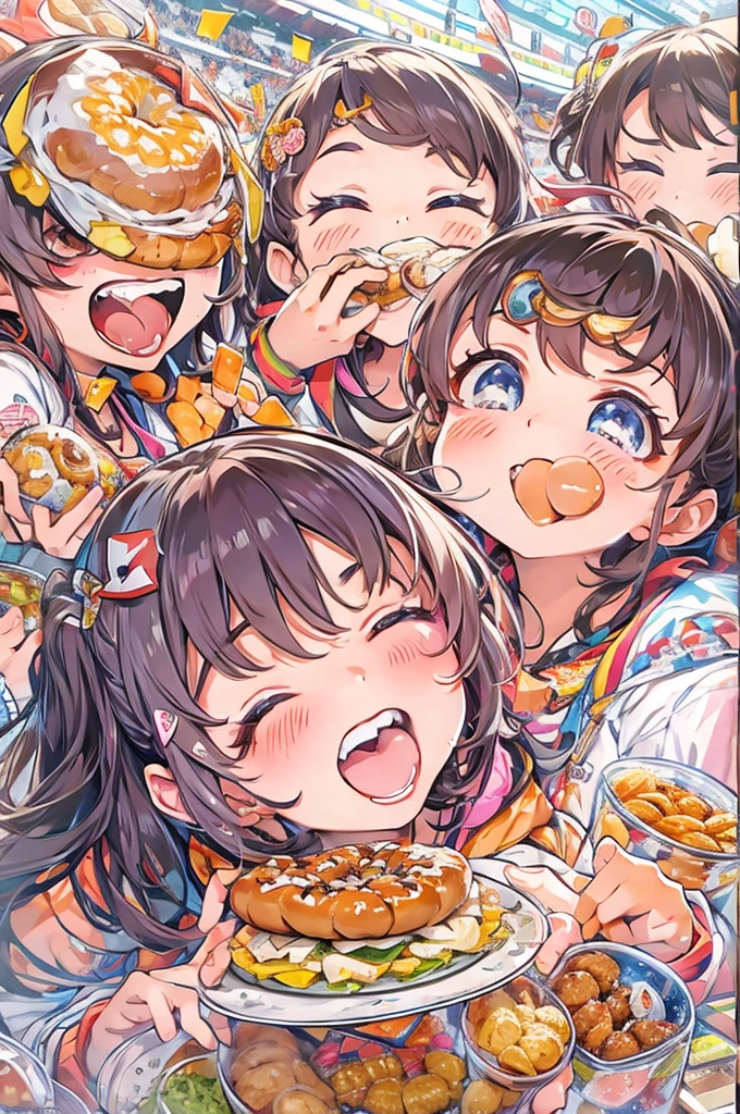 Anime Style、Olympic、Bread eating contest、donut、Biting the medal、Laugh with your teeth showing、full stadium、