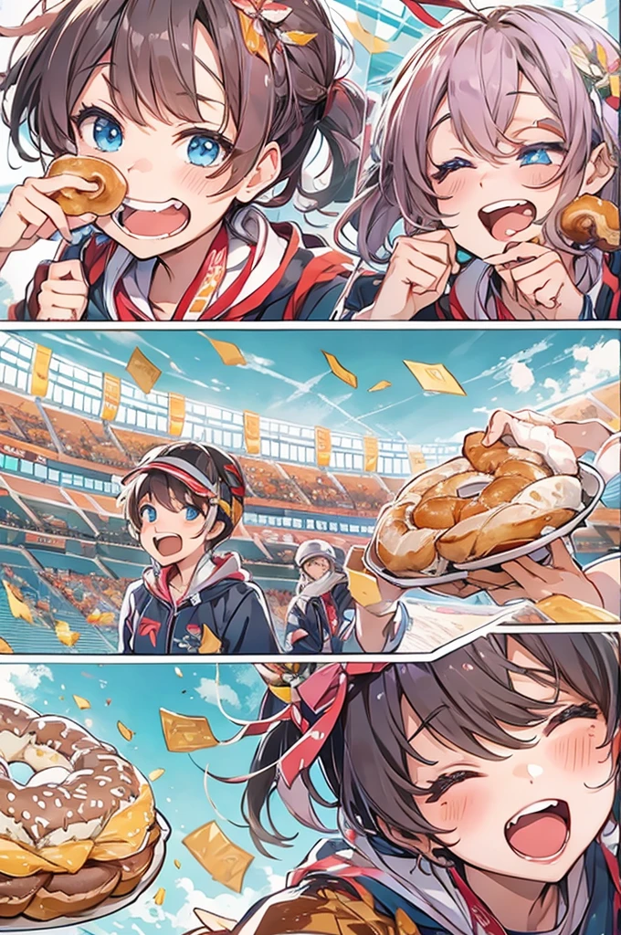 Anime Style、Olympic、Bread eating contest、donut、Biting the medal、Laugh with your teeth showing、full stadium、