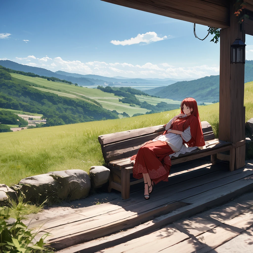 To create an image similar to the one you provided, follow these steps:Location and Setting:Find an elevated, scenic outdoor location with a panoramic view of a valley or hills.Ensure the bench is positioned to capture the expansive landscape in the background.Bench:Use a weathered wooden bench.The bench should be placed in such a way that the person can sit facing sideways, looking towards the scenery.Attire:Dress in a red shawl or dupatta and a white outfit with red patterns at the bottom.Pose:Sit on the bench with one leg crossed over the other.Lean slightly forward, resting one arm on the back of the bench.Look off into the distance with a relaxed expression.Timing and Lighting:Take the photo on a clear day with blue skies and a few clouds.Aim for soft, natural lighting that enhances the colors and details of the scene.Photography:Use a wide-angle lens to capture both the subject and the background.Ensure the subject is in focus while maintaining the clarity of the scenic background.