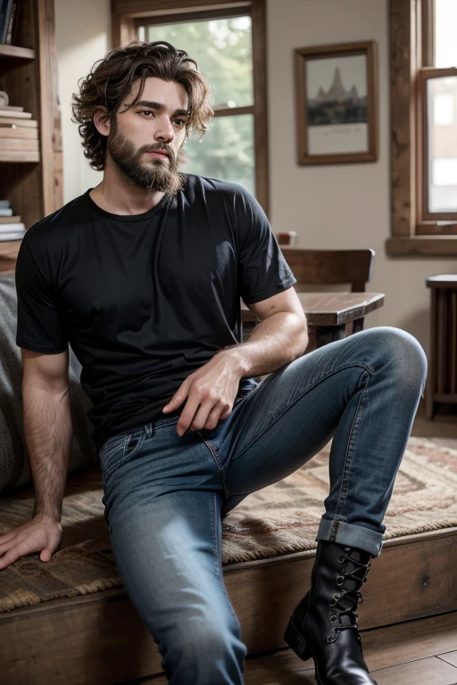 create a boy with curly and light hair, unshaven beard, in black shirt, jeans and boots