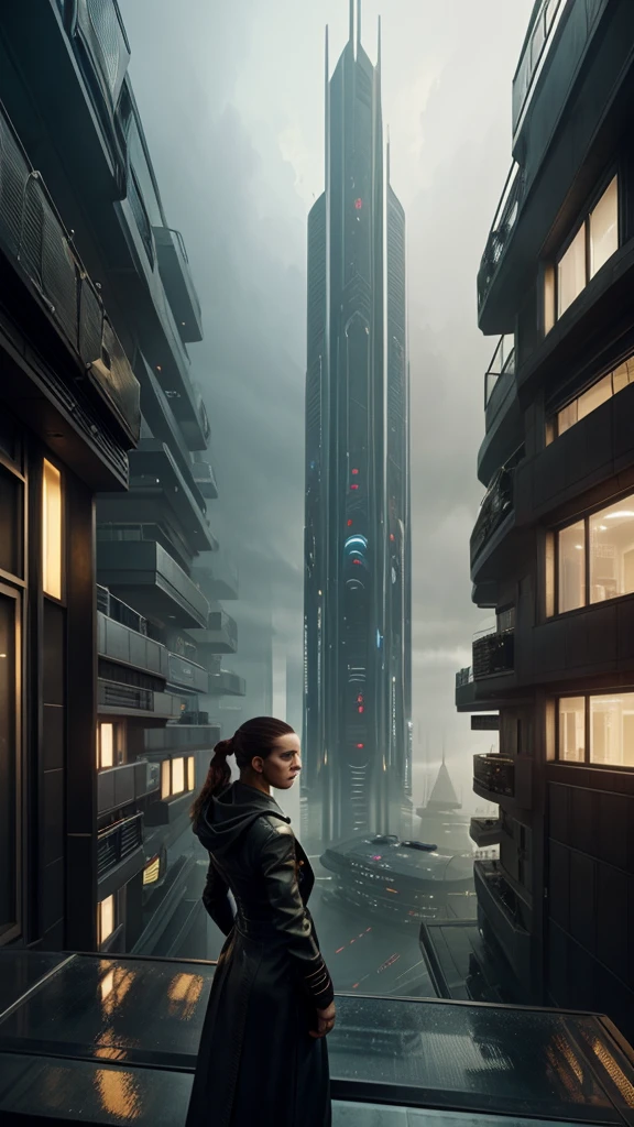 abstract colors, texture, film grain, skin pores:0.1 intricate dramatic portrait of a beautiful windblown scifi scientist standing on a balcony overlooking a futuristic (solarpunk)1.2 city, foggy morning, cinematic movie still frame, blade runner 2049, punk hair style, altered carbon, (analog style)1.3 (film grain)1.3, stephan martiniere Wadim Kashin Simon Stalenhag michal karcz ismail inceoglu