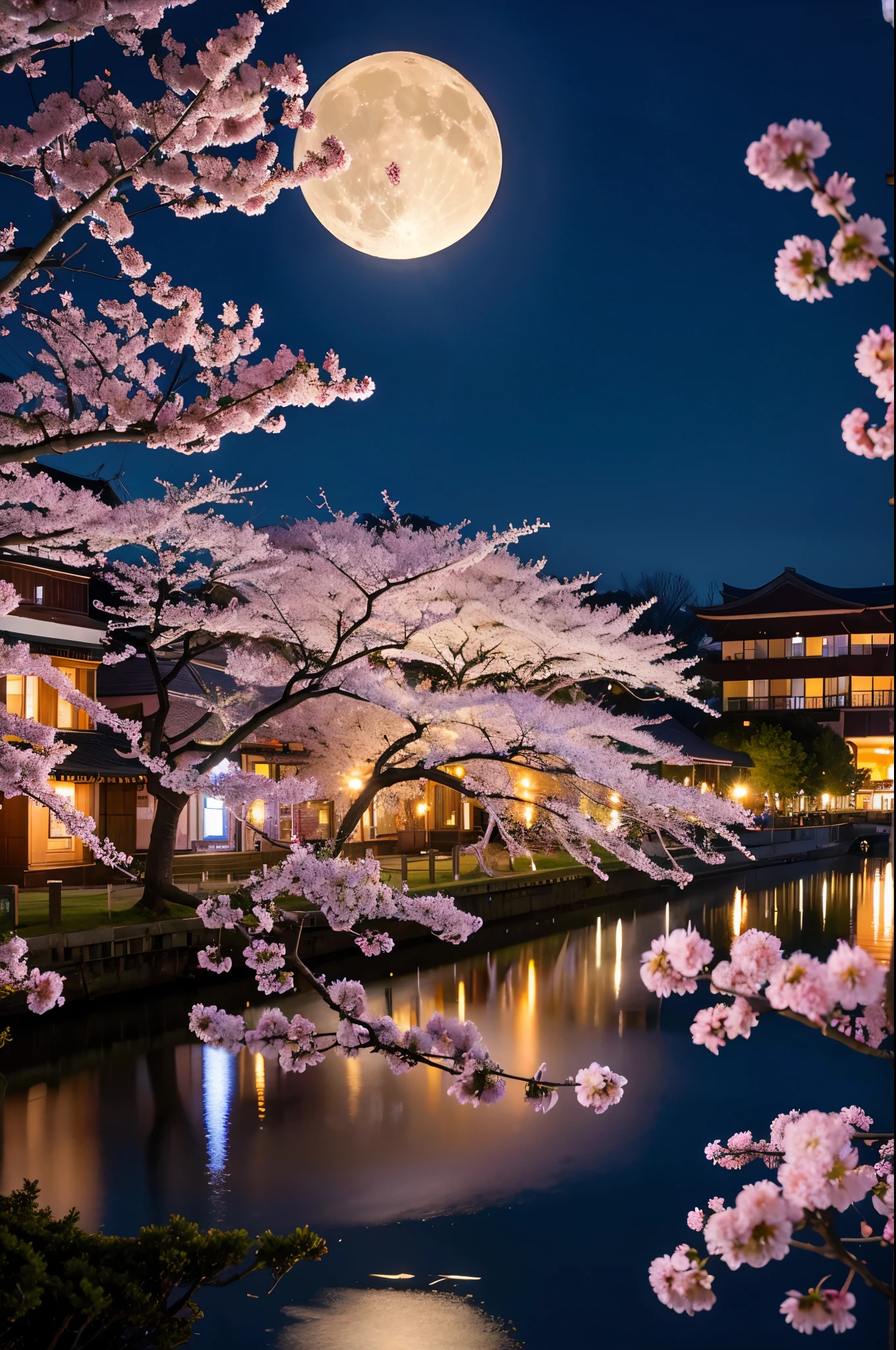 Ultra HD　Cherry Blossoms at Night　full moon　No people　Make the moon bigger