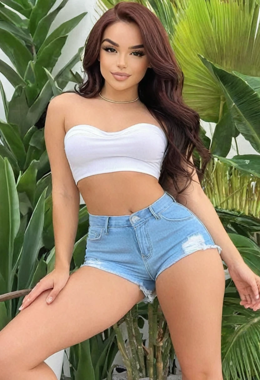 ((Best high quality:1.2)), Work of art, (8k), extremely detailed, ((High detail:1.2)), (HotLexi woman), Solo, ((Elsa Jean with brown hair)), ((24 years old pretty perfect Brazilian female:1.4)), (cropped, mini-shorts), (perfect hourglass hot body),