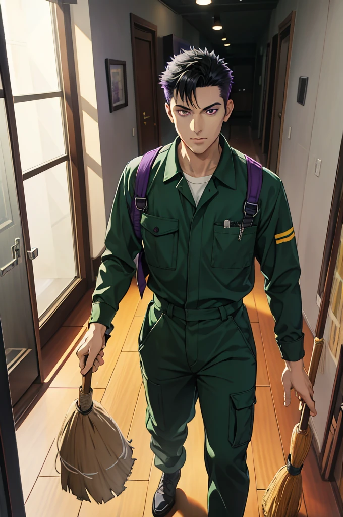 1 man solo, spiky black hair, purple eyes, scar on face, green jumpsuit, janitor uniform, holding a broom, upper pov, in a hallway, Reflection Light, God Rays, Ray Tracing, 