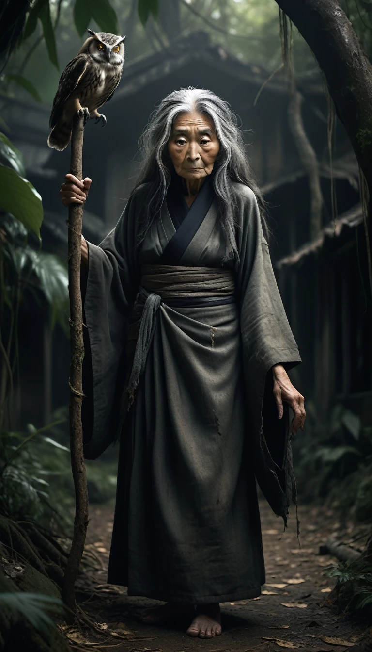 Generate a highly detailed and creepy image of Tenagababa, an old woman from Japanese folklore with extremely long arms measuring over two meters. Tenagababa is depicted as a dramatic and unsettling figure that combines the features of an old, wrinkled woman with supernatural attributes. She has abnormally long arms that are longer than she is tall, with twisted fingers and sharp claws. Her appearance is menacing and intimidating, with tattered clothing and disheveled hair. Set the scene in a dark jungle or an old abandoned village to create a chilling atmosphere. Tenagababa has an imposing presence and includes details such as the texture of her skin, the malice in her eyes, and the dark energy she exudes. Include subtle elements such as the rustling of leaves and the sound of an owl hooting in the distance to create an overall sense of fear and unease. The overall atmosphere is very creepy and mysterious, capturing the essence of Tenagababa's terror.