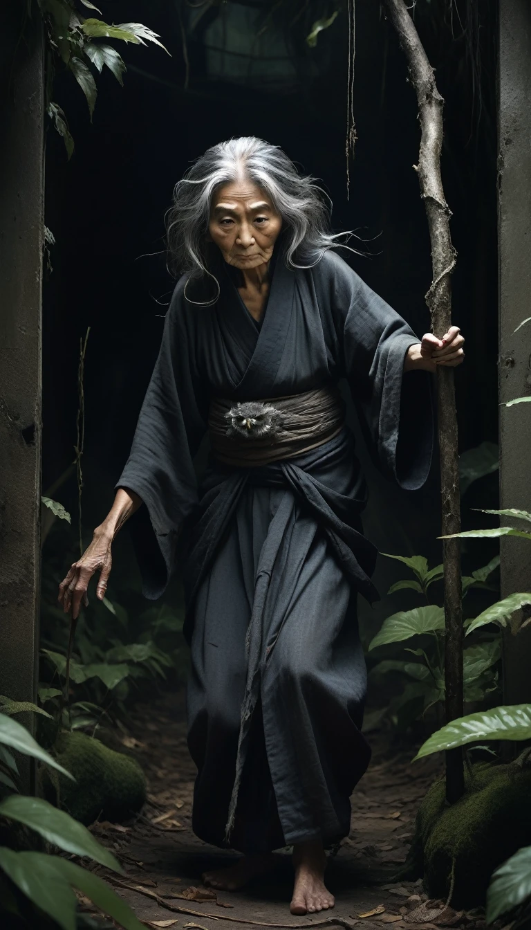 Generate a highly detailed and creepy image of Tenagababa, an old woman from Japanese folklore with extremely long arms measuring over two meters. Tenagababa is depicted as a dramatic and unsettling figure that combines the features of an old, wrinkled woman with supernatural attributes. She has abnormally long arms that are longer than she is tall, with twisted fingers and sharp claws. Her appearance is menacing and intimidating, with tattered clothing and disheveled hair. Set the scene in a dark jungle or an old abandoned village to create a chilling atmosphere. Tenagababa has an imposing presence and includes details such as the texture of her skin, the malice in her eyes, and the dark energy she exudes. Include subtle elements such as the rustling of leaves and the sound of an owl hooting in the distance to create an overall sense of fear and unease. The overall atmosphere is very creepy and mysterious, capturing the essence of Tenagababa's terror.