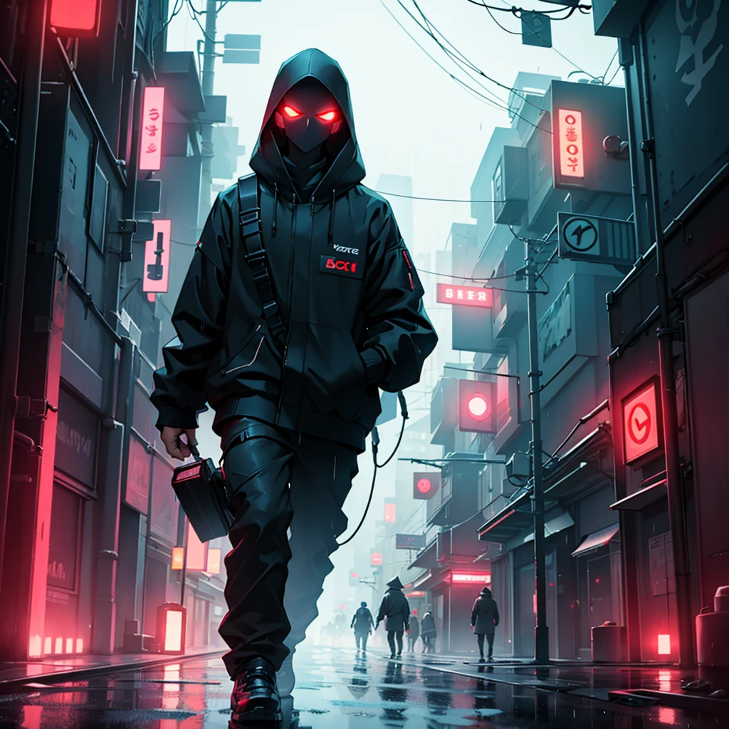 hacker holding a computer in his right hand, in the middle of the rain, everything is dark in a futuristic city where only red lights stand out in that darkness
