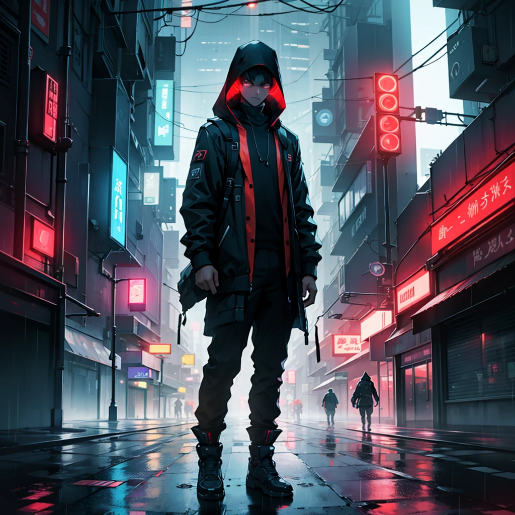 hacker holding a computer in his right hand, in the middle of the rain, everything is dark in a futuristic city where only red lights stand out in that darkness