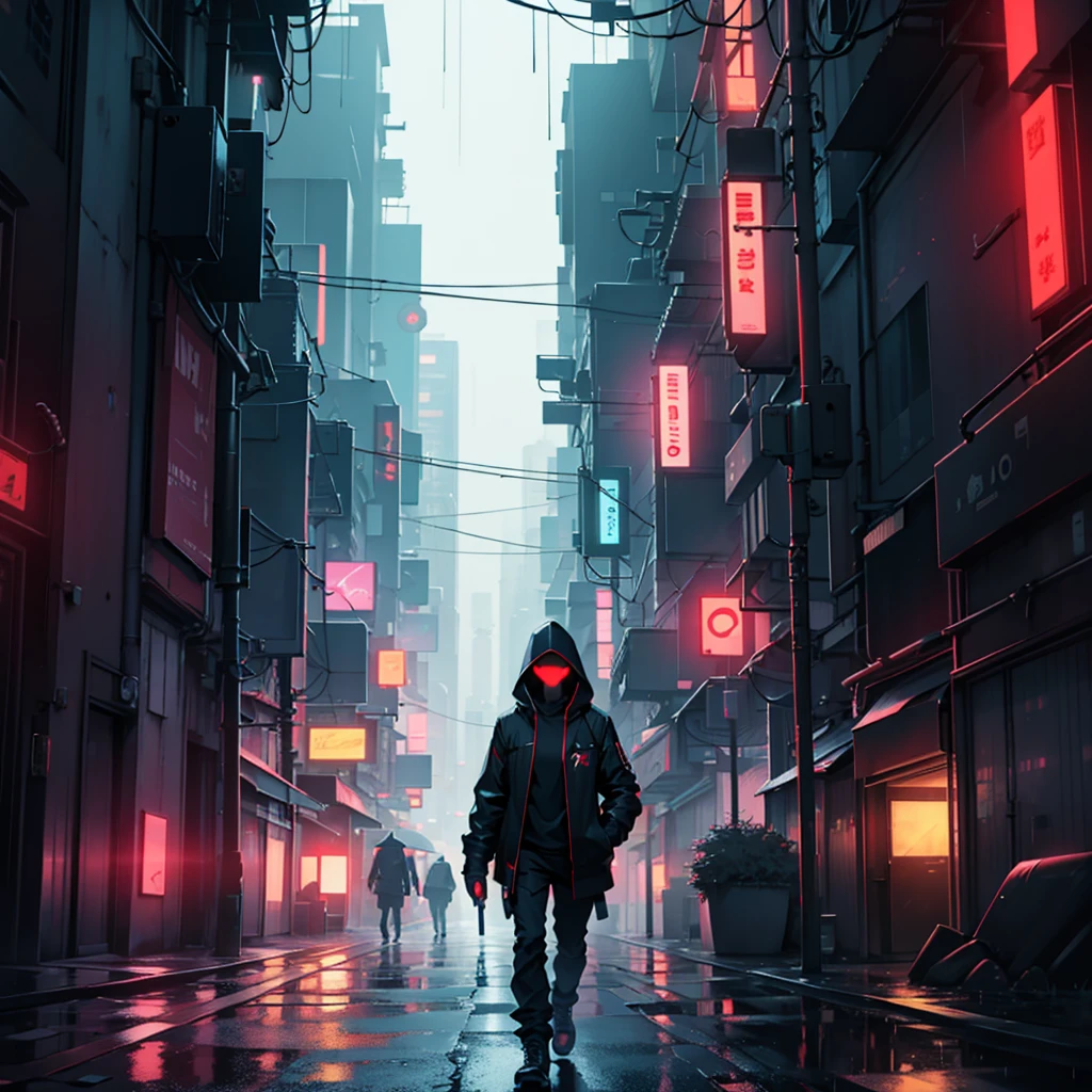 hacker holding a computer in his right hand, in the middle of the rain, everything is dark in a futuristic city where only red lights stand out in that darkness