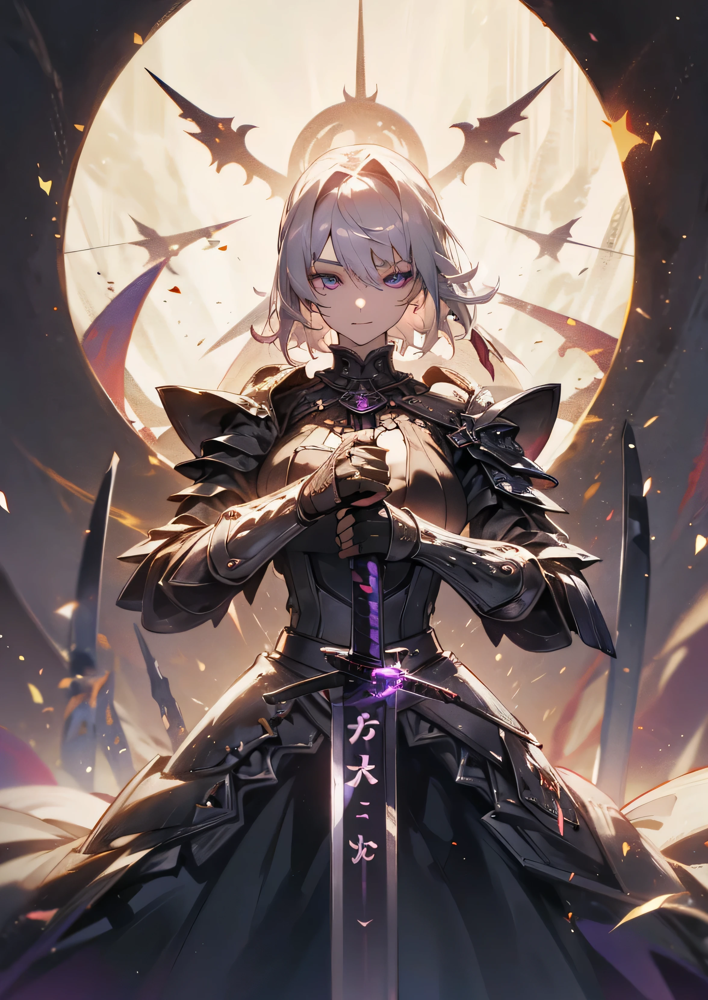 1mature woman, big breasts, (((masterpiece))), (((best quality, best resolution, 8k))), faint evil smile, short silver hair, dark aura around the body, perfect body, weapon, unsheathed sword in left hand, beautiful face , perfect face, perfect body, purple light reflection, light bias, purple-red gradation, eerie atmosphere, black flames, detailed eyes ((perfect eyes)), black armor dress, best anatomy