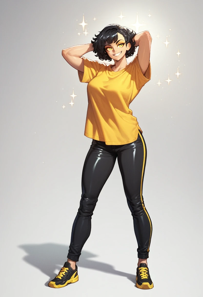 1girl, soght yellow eyeliner, sparkling light yellow eyes，((white background))，((short perm black hair))，smile，yellow t-shirt，big Smile，standing alone，fullcolor, highest detailed, full body