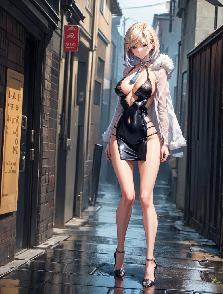 girl, short tight dress, blouse on naked body,  you can see her breasts,  bare chest, Chest visible, street background, Narrow passage between houses, night, rain, slender body, full length, Stiletto Shoes, bare chest