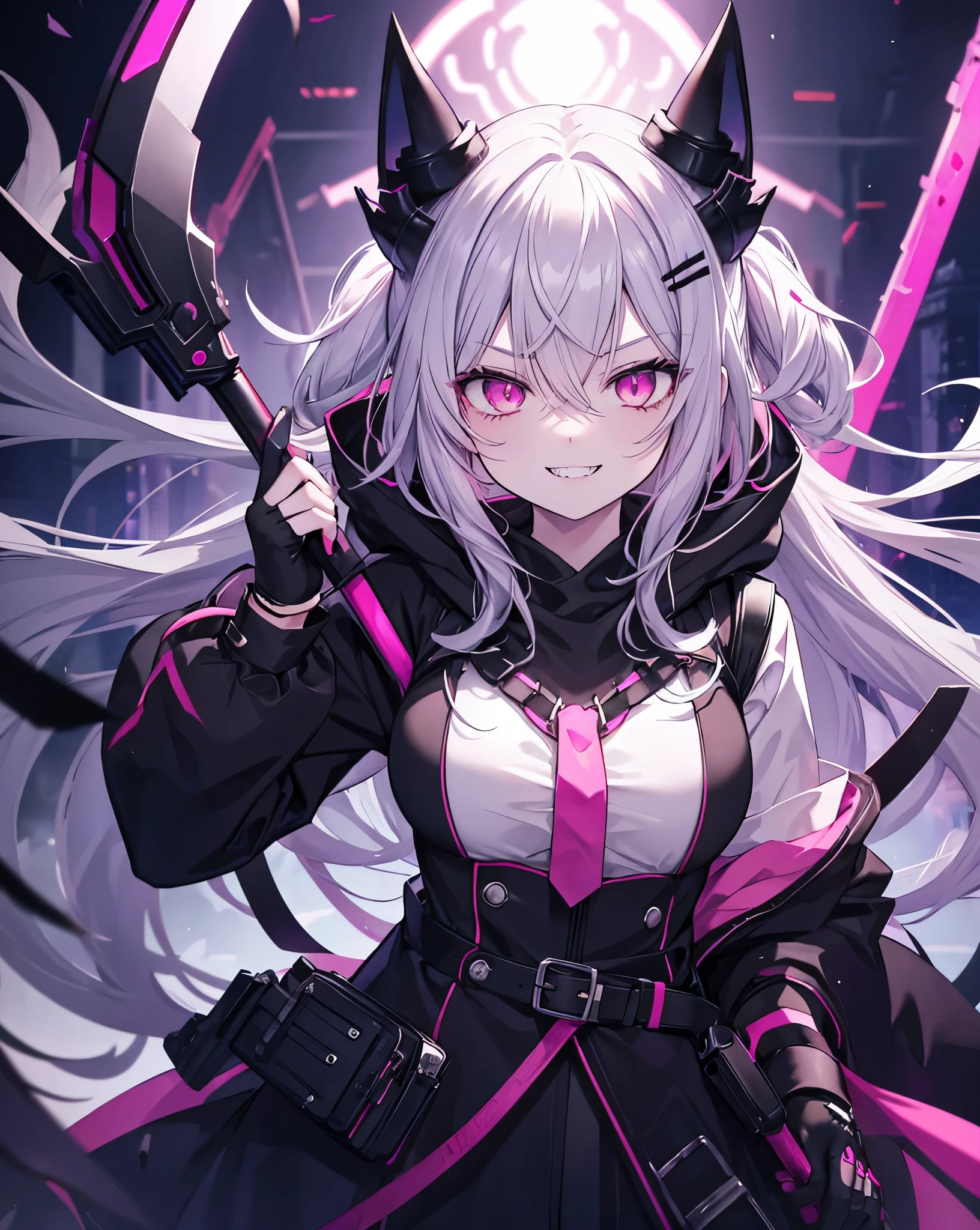 1girl, cat ears, neko ears, scythe, solo, sharp_teeth, holding, teeth, hood, pink_eyes, open_mouth, horns, smile, long_hair, ring, hood_up, gloves, holding_scythe, looking_at_viewer, weapon, holding_weapon, black_gloves, glowing_eyes, jewelry, fur_trim, glowing, hair_between_eyes, fingerless_gloves, building, grey_hair, (neon), (evil smile:1.4), evil . Cute smile with vampire canines, fox tail.