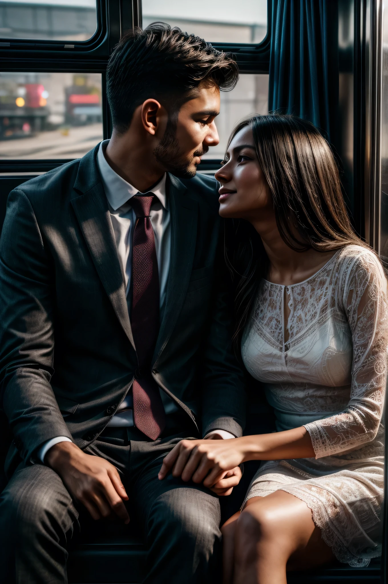 man and woman dating on a travel bus. 4K resolution captures every detail, from the texture of the dress's fabric to the delicate play of shadows and light on the skin. vivid, emotionally charged moment.