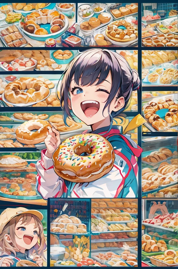 Anime Style、Olympic、Bread eating contest、donut、Biting the medal、Laugh with your teeth showing、full stadium、