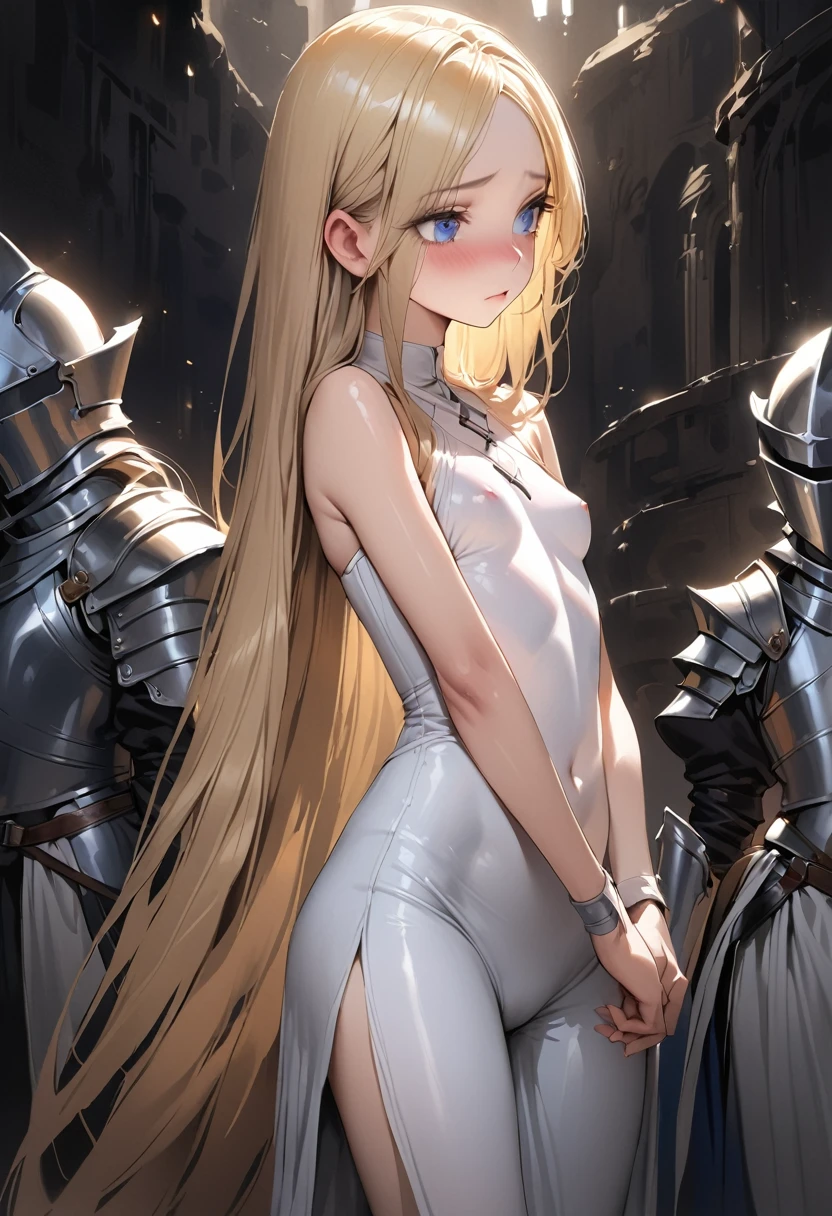 ((masterpiece,Highest quality:1.3,best quality illustration)),realistic,cowboy shot,1woman,(20 year old beauty),female knight,((very small head:1.4,very long body:1.3)),,blonde hair,low ponytai hair,bangs,gorgeous big eyes,Blue eyes,shy,(slender body,skinny),small breasts,gleaming skin,shiny skin,White blouse、Red pleated word and sorcery fantasy world、
