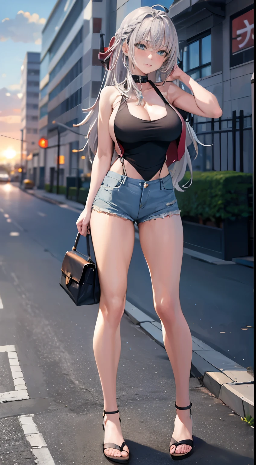 Huge breasts)),Long Hair,((Silver Hair,blue eyes)), Dawn, sunlight, (Perfect body : 1.0), collar, Lock, Full Body Shot, Crowded street, Wearing a black tank top, Jeans jacket, ((Shorts)),(masterpiece), (Highest quality:1.0), (ultra High resolution:1.0), Beautiful lighting ,Perfect Lightning, Realistic Shadows, [High resolution], Detailed skin, Very detailed,Put your arms behind your head, Big Breasts, Anime Style