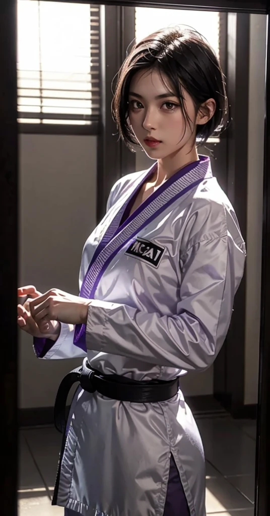 photo of celebrity, RAW, beautiful woman, ((portrait)), ((detailed face, colorful rainbow hair:1.2)), ((detailed facial feature, detailed skin, clear skin, parted lips), (perfect proportioned body, medium breasts), ((wearing a black leather karate gi, kneeling in a dojo, hands behind back: 1.5)), (high detailed dojo: 1.3), (realistic photo, best quality, detailed), (8k wallpaper), (cinematic lighting, dramatic lighting) (sharp focus, intricate)