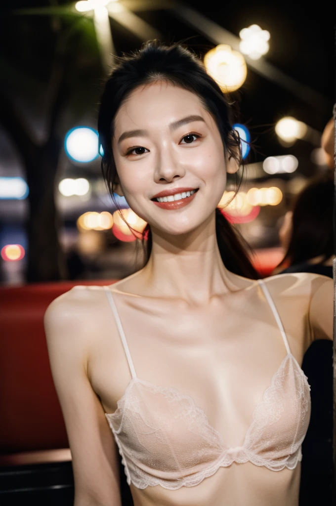 1girl, idol, model, depth of field, photo, film, face, skinny, smile, collarbone,  teeth, movie, camisole, selfie, night,