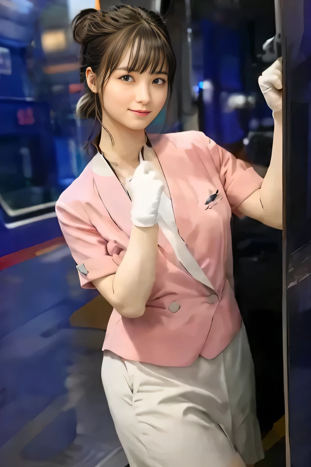 (masterpiece:1.2, Highest quality:1.2), 32k HDR, High resolution, (alone、1 girl)、（On the roof of a building in the daytime、Professional Lighting）、Building rooftop background、（Nankai train crew uniform pinkを着たリアルスタイル）、（Nankai Railway crew uniform, pink, short sleeve, collarless, pink jacket、No-collar short-sleeve blouse、Grey knee-length culottes）、（（The bottom of the pink short-sleeved jacket cannot be tucked into the clay-colored culottes..））、Dark brown hair、（Hair tied up、Chignon）、Dark brown hair、Long Shot、Big Breasts、Thin legs、（（Great hands：2.0）），（（Harmonious body proportions：1.5）），（（Normal limbs：2.0）），（（Normal finger：2.0）），（（Delicate eyes：2.0）），（（Normal eyes：2.0））)、smile、（A beautiful figure showing off the Nankai Railway crew uniform）、Bring your hands down