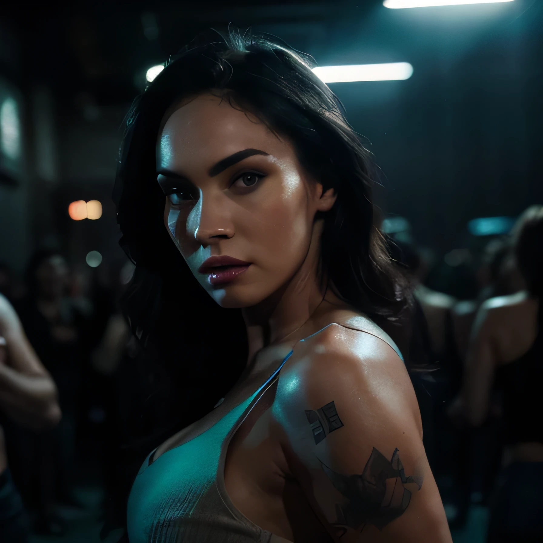 a beautiful megan fox, dramatic nightclub scene, dramatic lighting, high contrast, chiaroscuro, dynamic pose, hot dancer , glowing skin, detailed facial features, sultry expression, neon lights, hazy atmosphere, ultrasharp, 8k, photorealistic, cinematic, dramatic colors, moody, mesmerizing