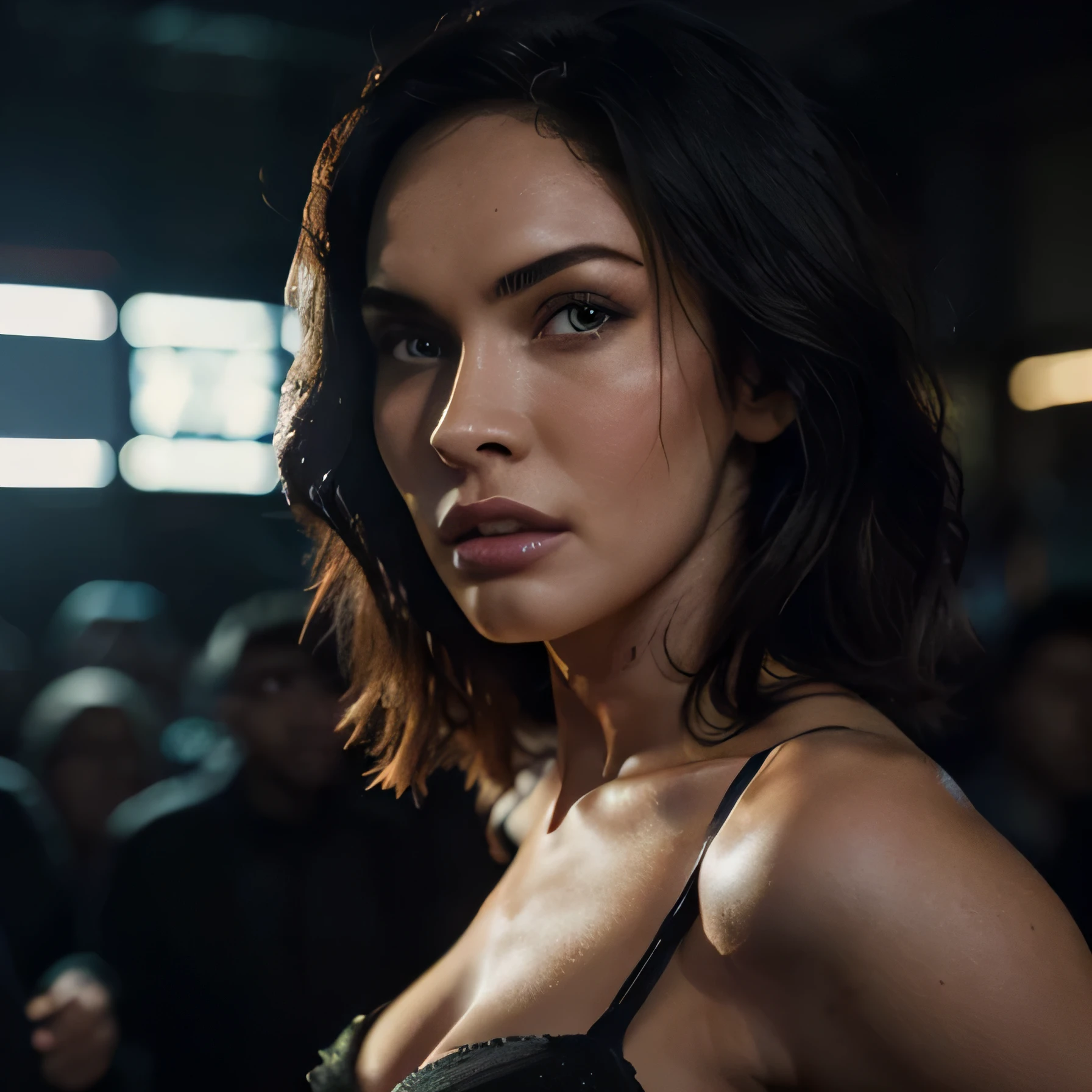 a beautiful megan fox, dramatic nightclub scene, dramatic lighting, high contrast, chiaroscuro, dynamic pose, corset , glowing skin, detailed facial features, sultry expression, neon lights, hazy atmosphere, ultrasharp, 8k, photorealistic, cinematic, dramatic colors, moody, mesmerizing