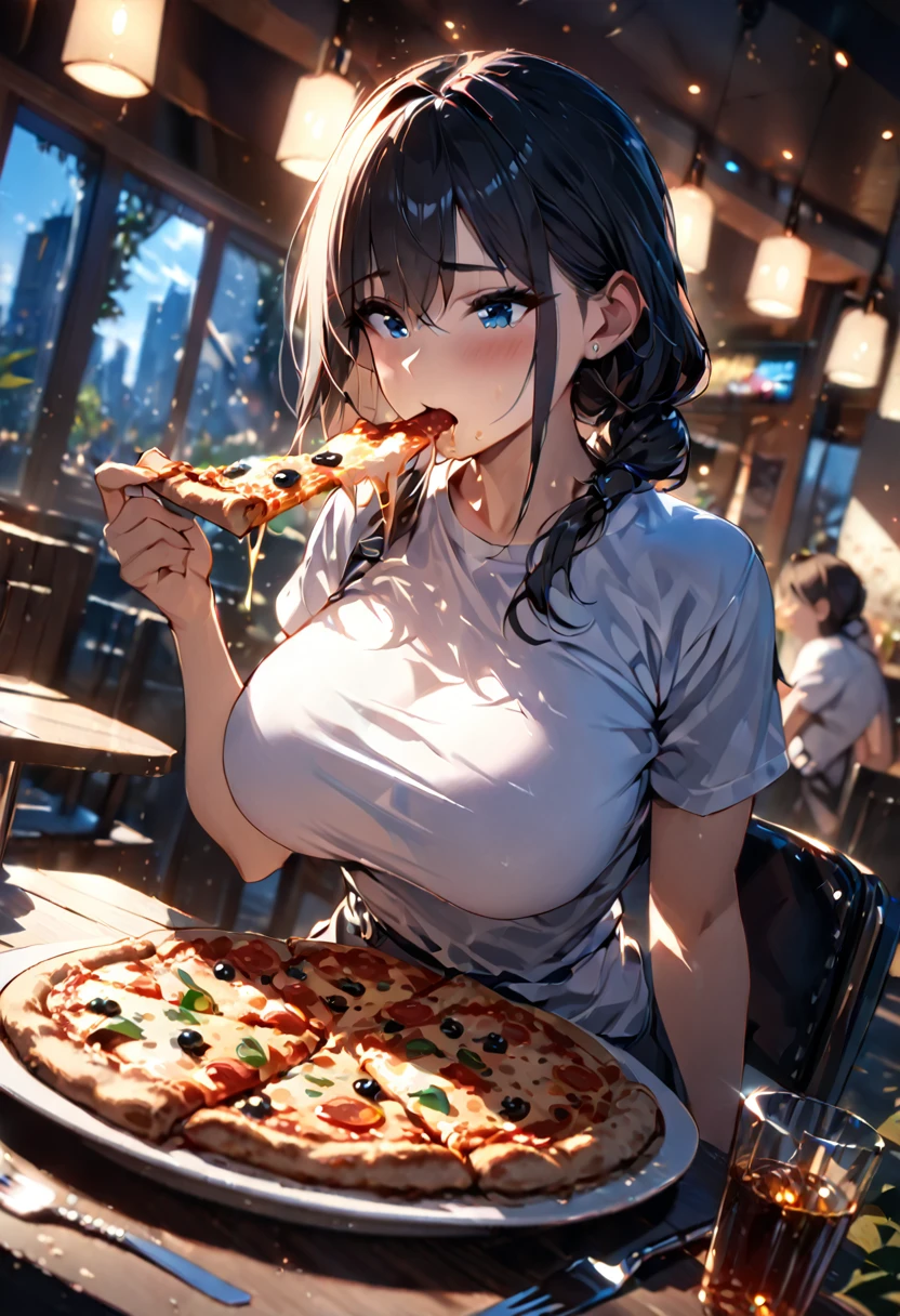 cheered up,1 girl,long black fur,blue eyes, White shirt, short sleeves, T-shirt, big breasts,( eating holding pizza :1.5), pizza, leaf, fork, knife, mesa, chair, mesa, restaurant, cinematic angle, cinematic lighting, masterpiece, Best Quality(Depth of field hdr 8k 4k wallpaper cinematic angle, cinematic lighting,:1.5) (masterpiece, Best Quality:2.0), (Depth of field hdr 8k 4k wallpaper cinematic angle, cinematic lighting,:1.5) (masterpiece, Best Quality:2.0)