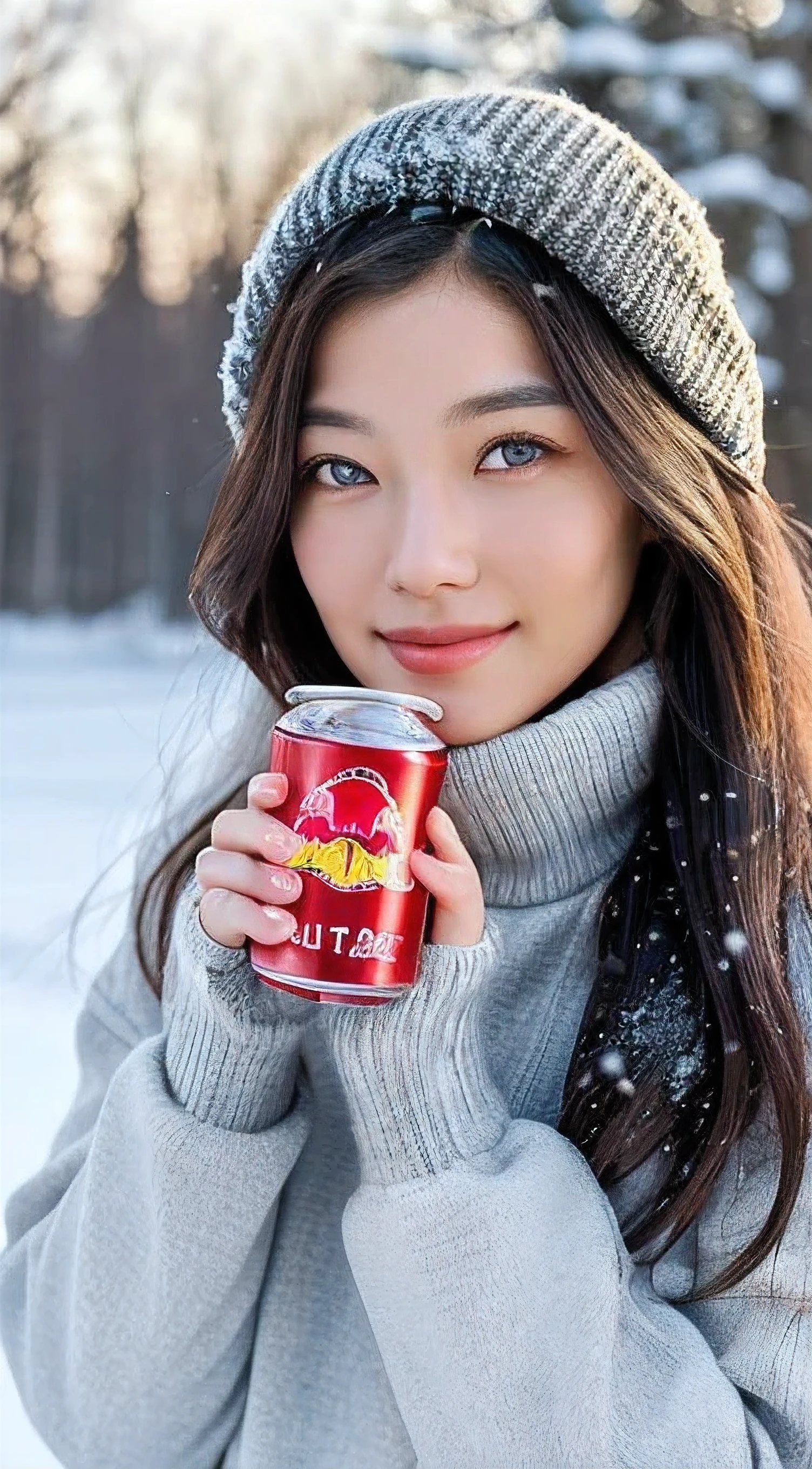 (masterpiece:1.35),(best-quality:1.4),8k,ultra-detailed,photography,(ultra-realistic:1.4),adult girl,long hair,sweater,snowing background,holding energy drink,Redbull brand,beautiful detailed eyes,beautiful detailed lips,extremely detailed face and eyes,longeyelashes,winter,snow,cozy,warm,smiling,calm,natural lighting,soft colors,glowing skin,intricate details
