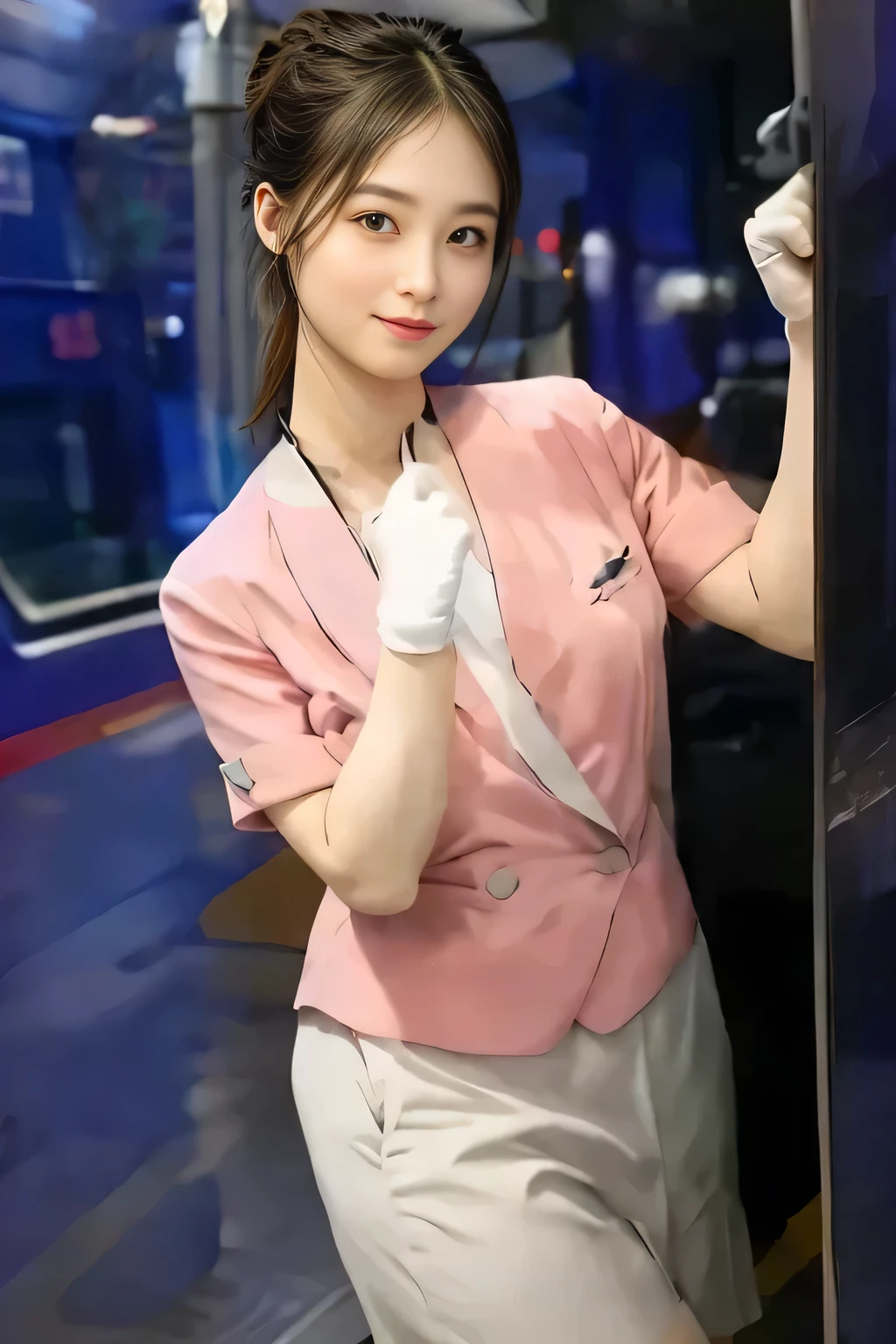 (masterpiece:1.2, Highest quality:1.2), 32k HDR, High resolution, (alone、1 girl)、(On the roof of a building in the daytime、Professional Lighting)、Building rooftop background、(Nankai train crew uniform pinkを着たリアルスタイル)、(Nankai Railway crew uniform, pink, short sleeve, collarless, pink jacket、No-collar short-sleeve blouse、Grey knee-length culottes)、((The bottom of the pink short-sleeved jacket cannot be tucked into the clay-colored culottes..))、Dark brown hair、(Hair tied up、Chignon)、Dark brown hair、Long Shot、Big Breasts、Thin legs、((Great hands:2.0)),((Harmonious body proportions:1.5)),((Normal limbs:2.0)),((Normal finger:2.0)),((Delicate eyes:2.0)),((Normal eyes:2.0)))、smile、(A beautiful figure showing off the Nankai Railway crew uniform)、Bring your hands down