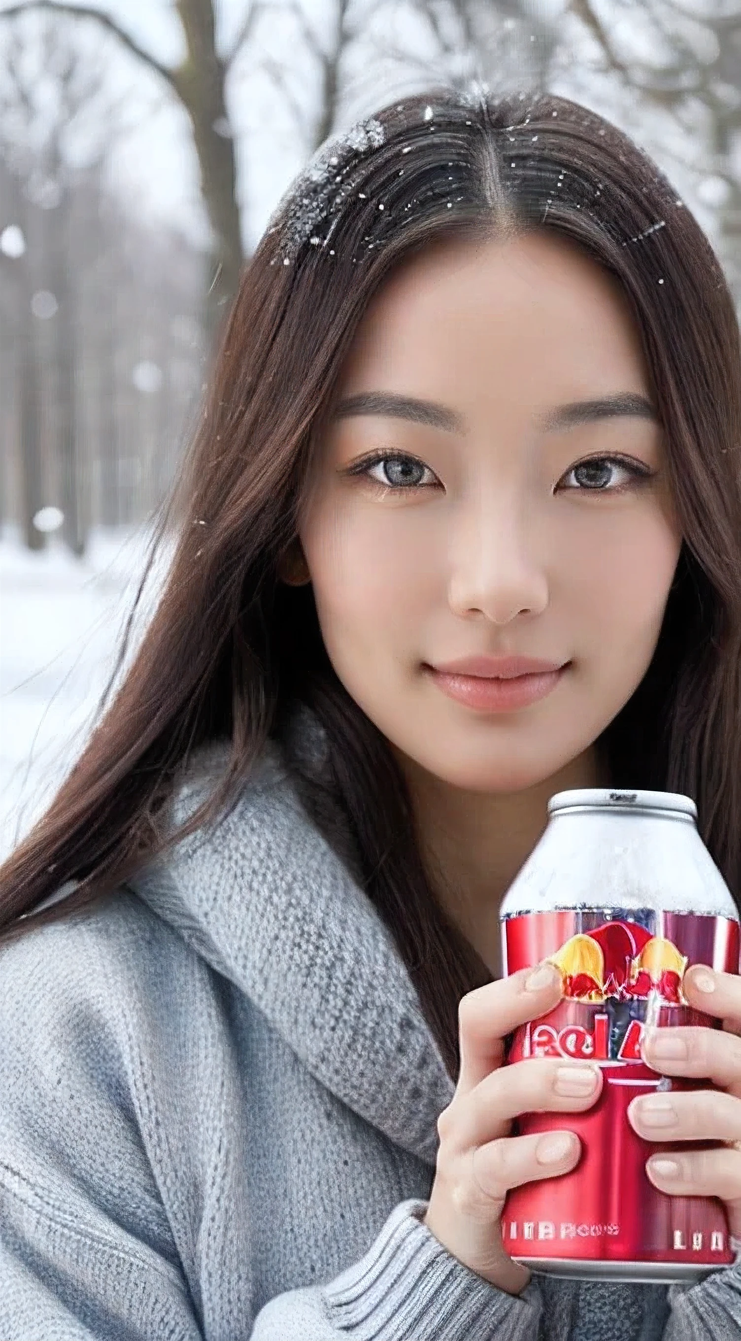 (masterpiece:1.35),(best-quality:1.4),8k,ultra-detailed,photography,(ultra-realistic:1.4),adult girl,long hair,sweater,snowing background,holding energy drink,Redbull brand,beautiful detailed eyes,beautiful detailed lips,extremely detailed face and eyes,longeyelashes,winter,snow,cozy,warm,smiling,calm,natural lighting,soft colors,glowing skin,intricate details