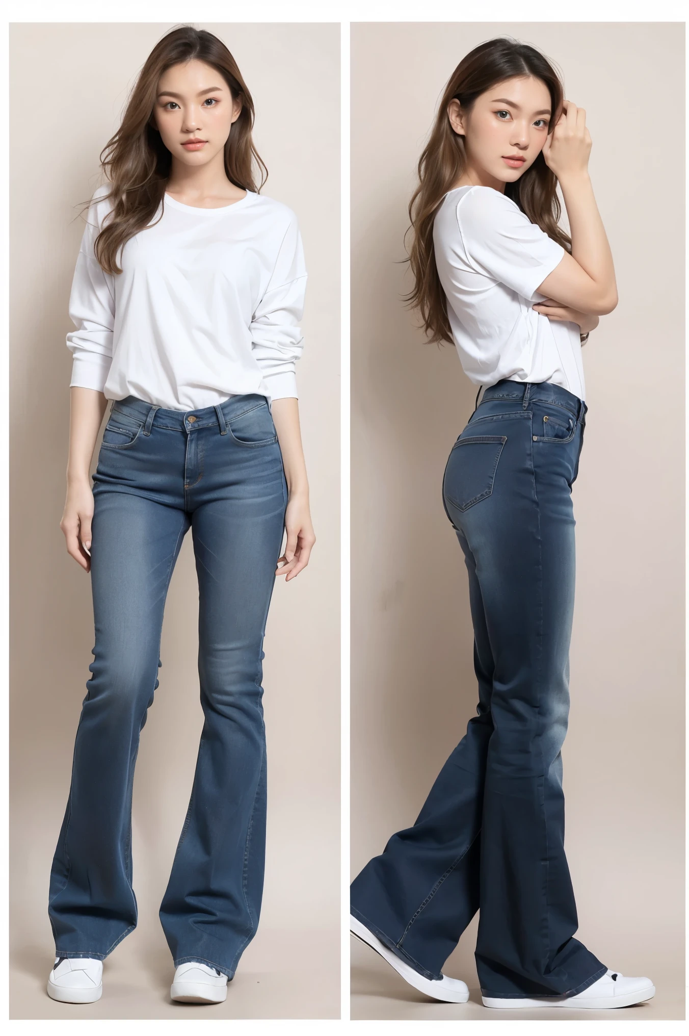 Detailed character sheet, Front view, Side view, Diagonal view, with a white returnground, show women, 30 years old, with dark brown hair combed return, Wearing light casual clothing, Wearing tight denim jeans. The seat includes different angles, Front etc., return, and Side views, Model sheets and reference sheets, Full-body painting. Proportions are based on a 7.5 head scale.